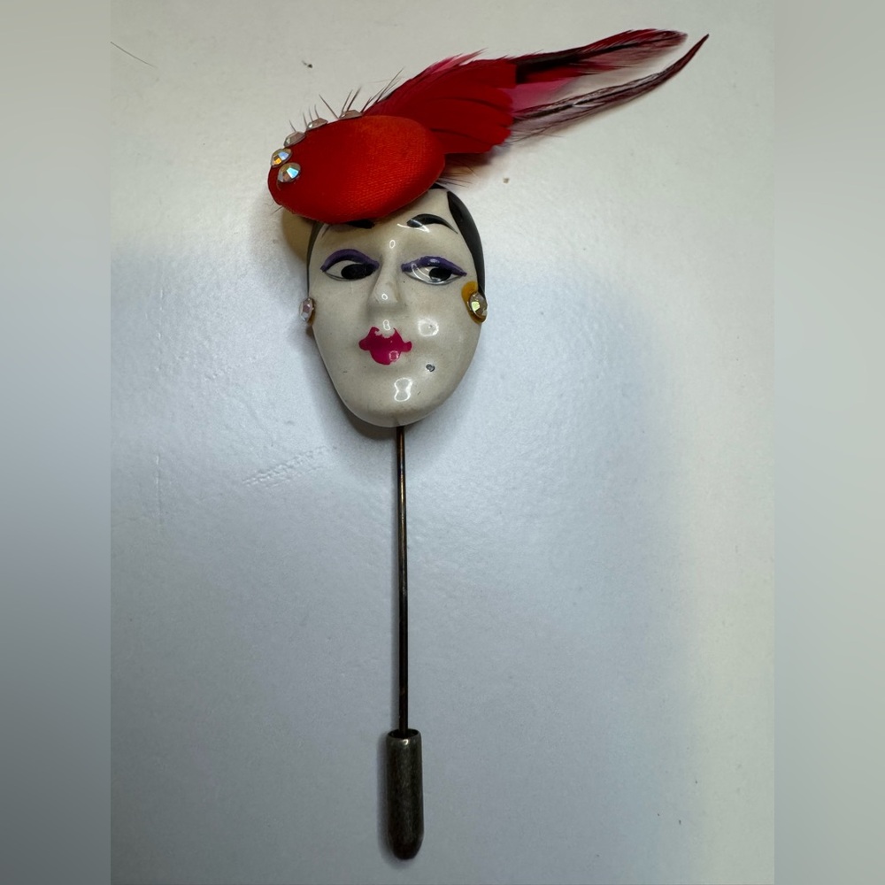 Vintage Face Brooch with Red Feather